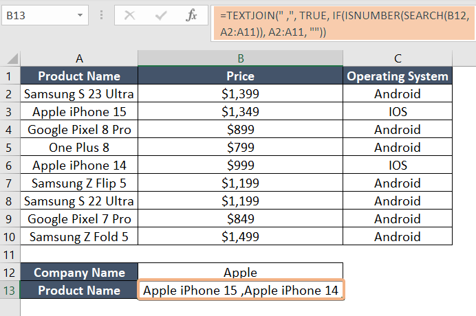 Use TEXTJOIN ISNUMBER and SEARCH functions to Vlookup and returns multiple values