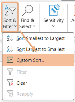 Accessed Custom Sort from Excel Ribbon in Pivot Table