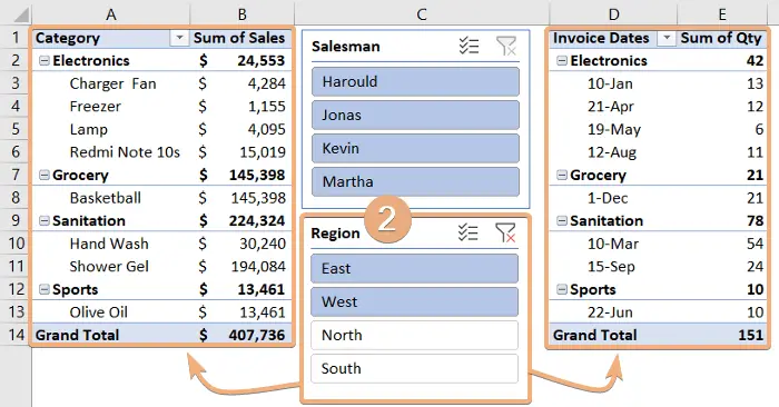 Filtered Pivot Table with slicer 2 after connecting slicers in Excel