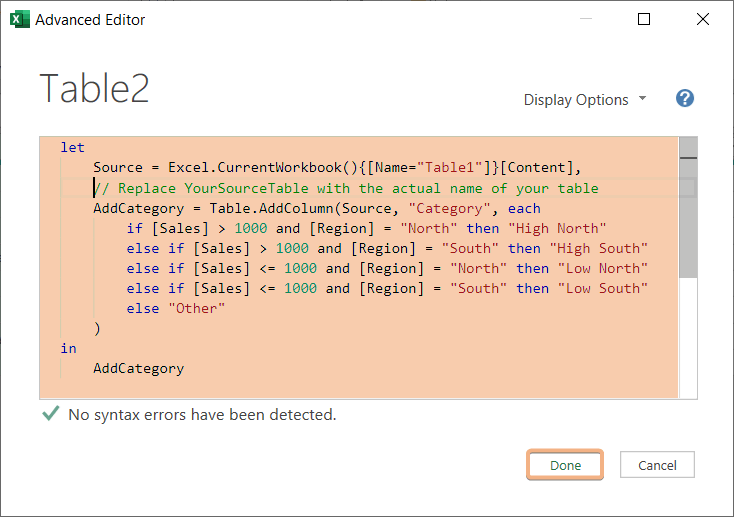 M codes in Advanced Editor for IF statement Multiple criteria in power query