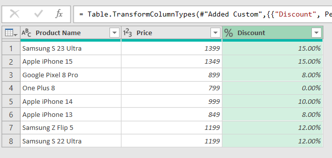 Discount column made by nested IF statement in Custom Column Feature in power Query editor