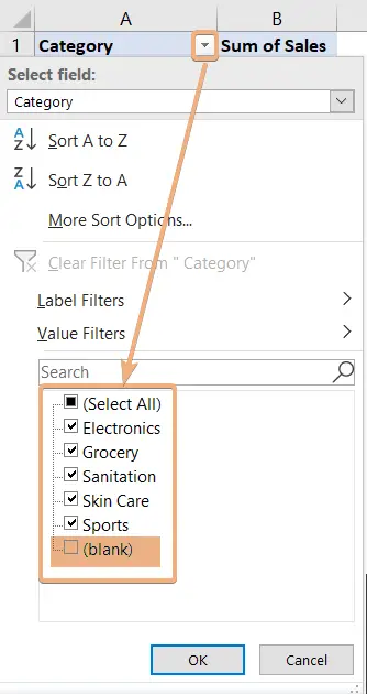 Unselected blank from the filter list to remove (blank) from Excel Pivot Table