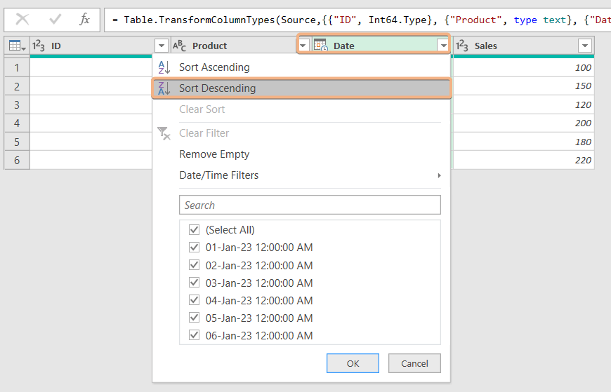 Sort Descending feature in power query editor