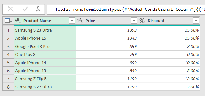 New column Discount created by IF statement in Advanced Editor in Power Query