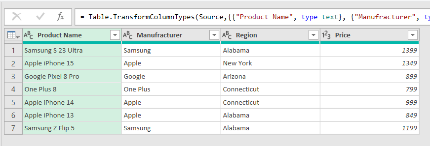 Data in power query editor