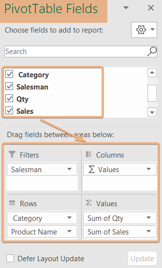 Chose fields from PivotTable Fields pane to add slicer in Excel