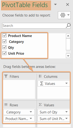 Chose fields name from PivotTable Fields to edit Pivot Table 