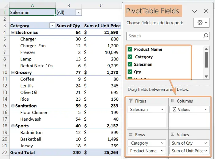 Chose PivotTable Fields to arrange a Pivot Table and add calculated field