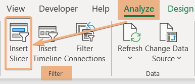 Insert Slicer option from Analyze tab in Excel Pivot Table
