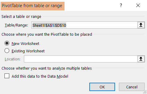 Confirmed the range and Pivot Table location for weighted average 