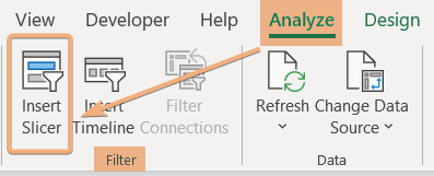 Insert Slicer option from Excel Ribbon to add slicer to Pivot Table