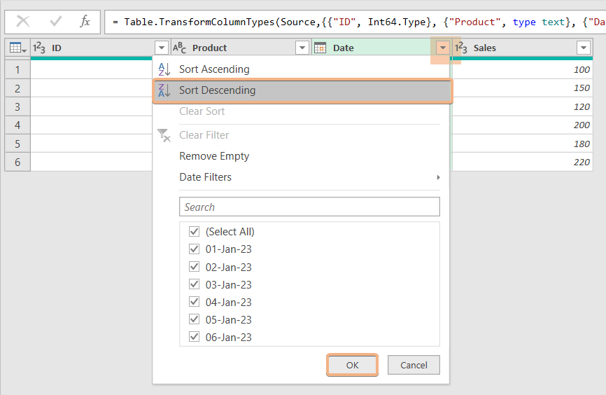 Using the Sort Descending Feature in Combination with the Remove Duplicate Operation to Remove Duplicates and Retain the Latest Values in Power Query