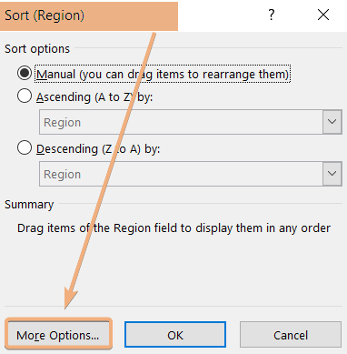 Clicked More sort options in Sort dialog box