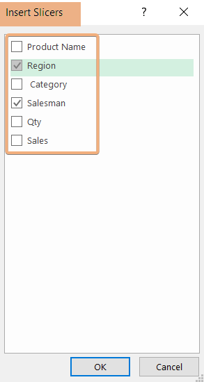 Insert Slicers dialog box to add slicers to Excel Pivot Table