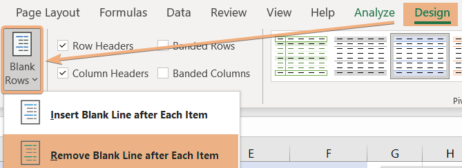 Pivot Table layout to remove blank line after each item in Excel
