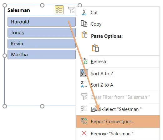 Right-click on the slicer to access Report Connection for multiple Pivot Tables 