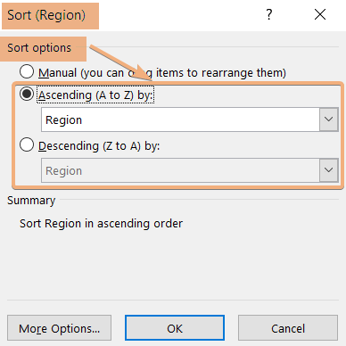 Changed the sort option from manual to ascending order in Pivot Table