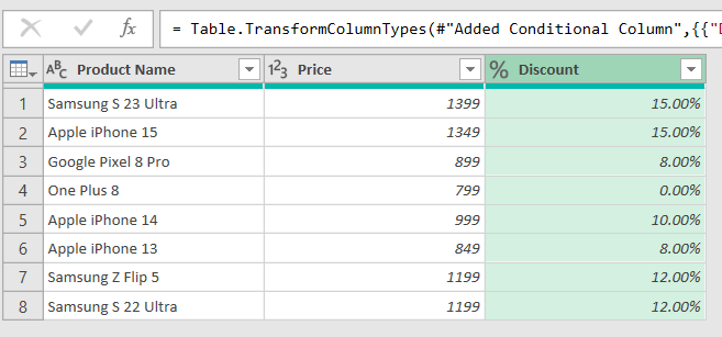 new Discount table in Power query editor