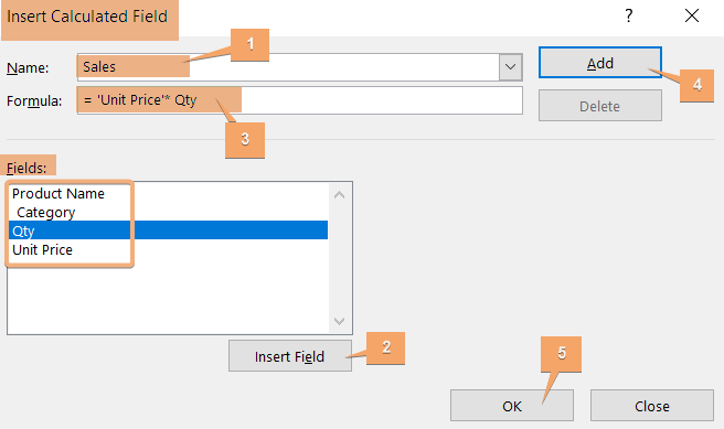 Steps to insert the formula in Excel Pivot Table calculated field