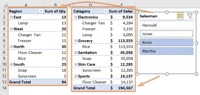 Filtered multiple Pivot Table with a slicer in Excel