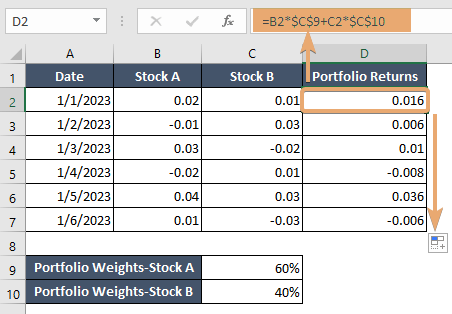 Portfolio returns in calculating VaR in Excel