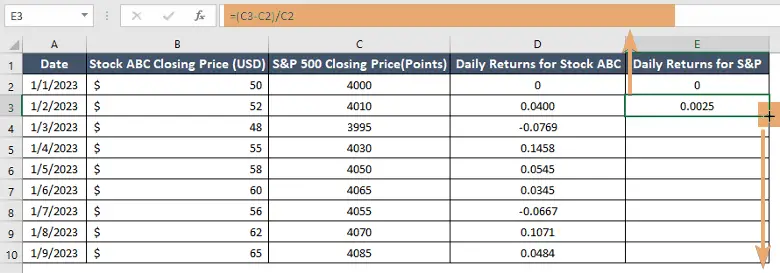 Daily returns for SP to calculate beta of a stock in Excel
