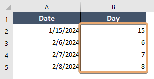 Applying DAY function to extract the day from date in Excel