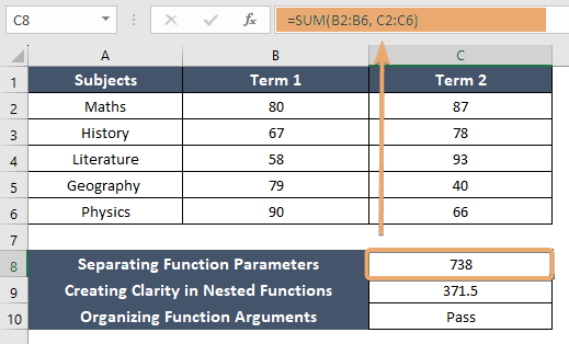 Separating function parameters with comma in Excel