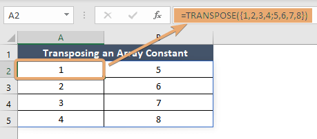 Transposing array constant with TRANSPOSE function in Excel