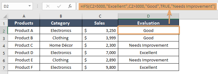 Showing the team evaluation in Excel using IFS function.