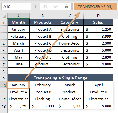 Transposing single range with TRANSPOSE function