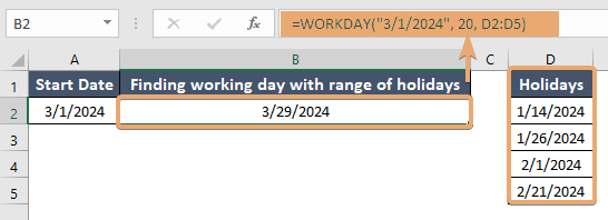 Finding workday with a range using WORKDAY function in Excel