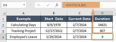 Applying DAYS function in Excel to calculate difference of days between dates