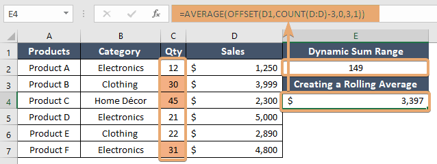 Applying OFFSET function to focus on dynamic range in Excel