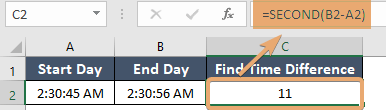 Finding time difference using SECOND function in Excel 