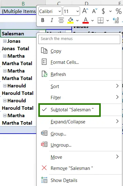 Remove subtotals in pivot table columns side by side