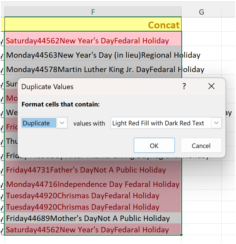 All duplicates in concatenated column highlighted in red