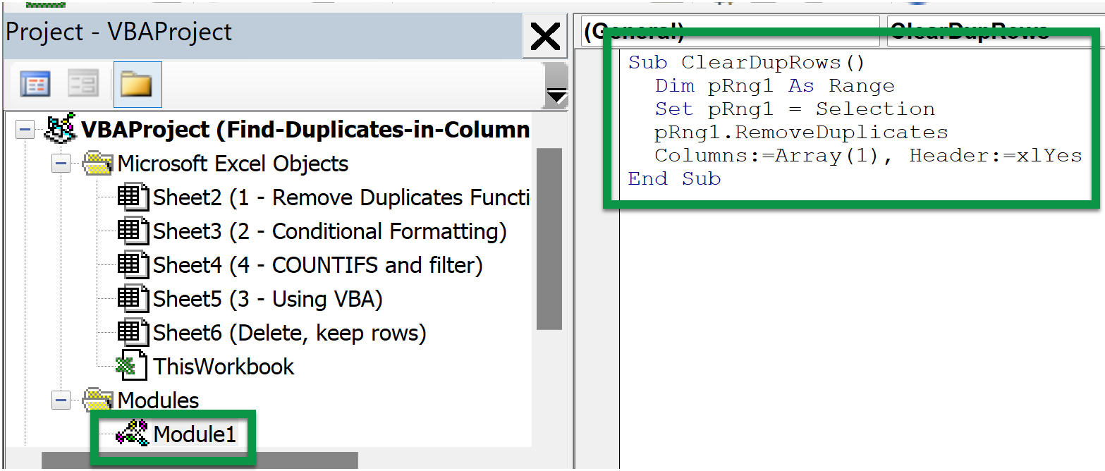 Insert VBA to remove duplicates